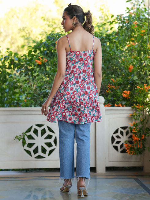 Pink Pure Cotton Floral Printed Tiered Tunic